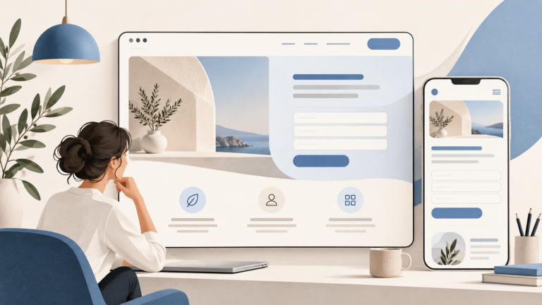 Redaktionelle Illustration einer übersichtlichen Website mit Formular auf Desktop und Smartphone.