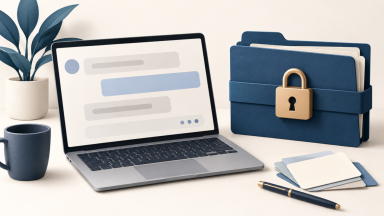 Redaktionelle Illustration eines Laptops mit abstrakten Chatfeldern neben einer verschlossenen Kundenmappe.